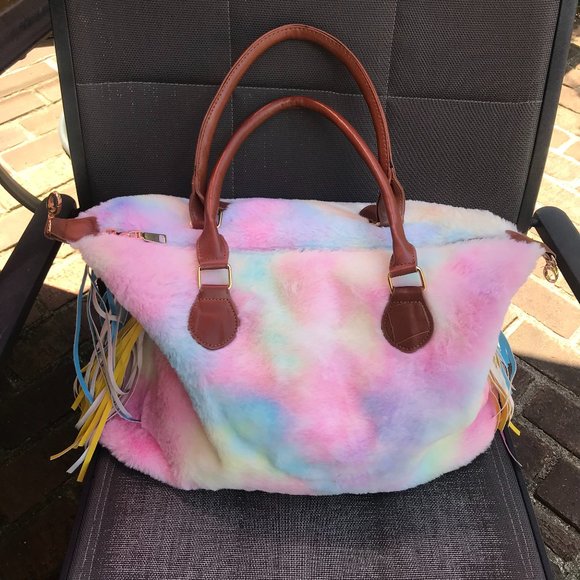 Boutique Handbags - Pastel Tie Dye Large Tote Plush Faux Fur w/ Fringe